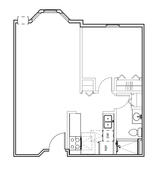 Floor plan for 1 bed, 1 bath, 652 sqft